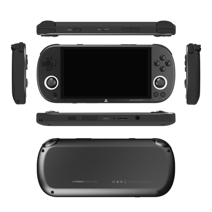 Black handheld gaming console with controller on a white background