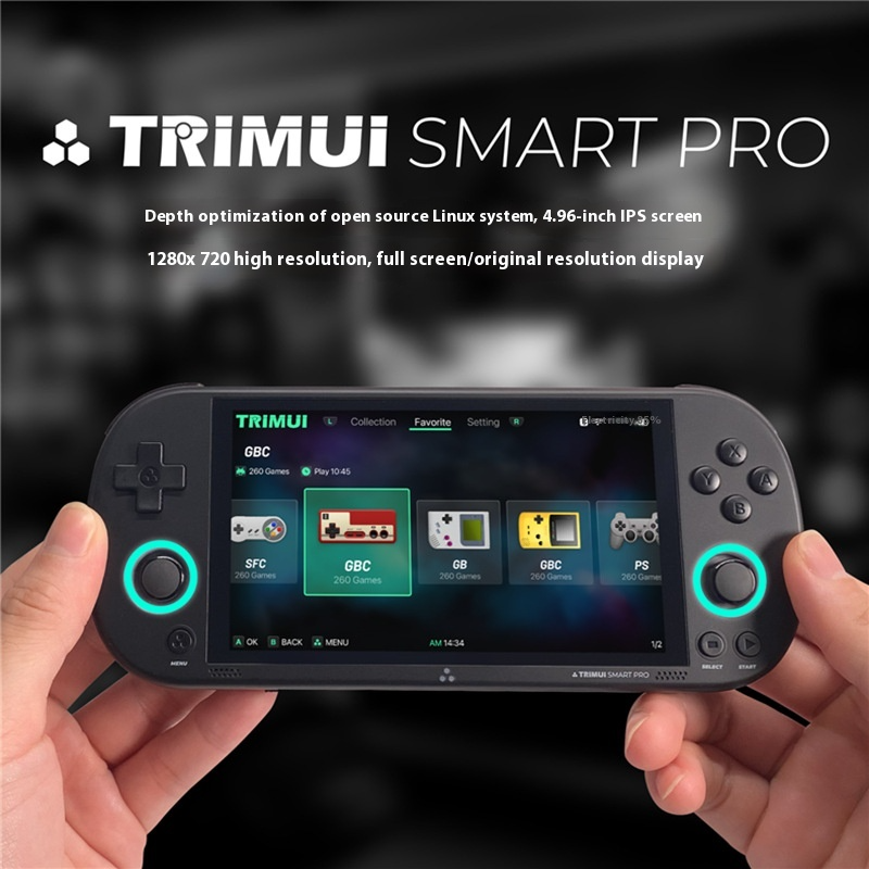 Handheld gaming console with TRIMUI Smart Pro branding held by a person.