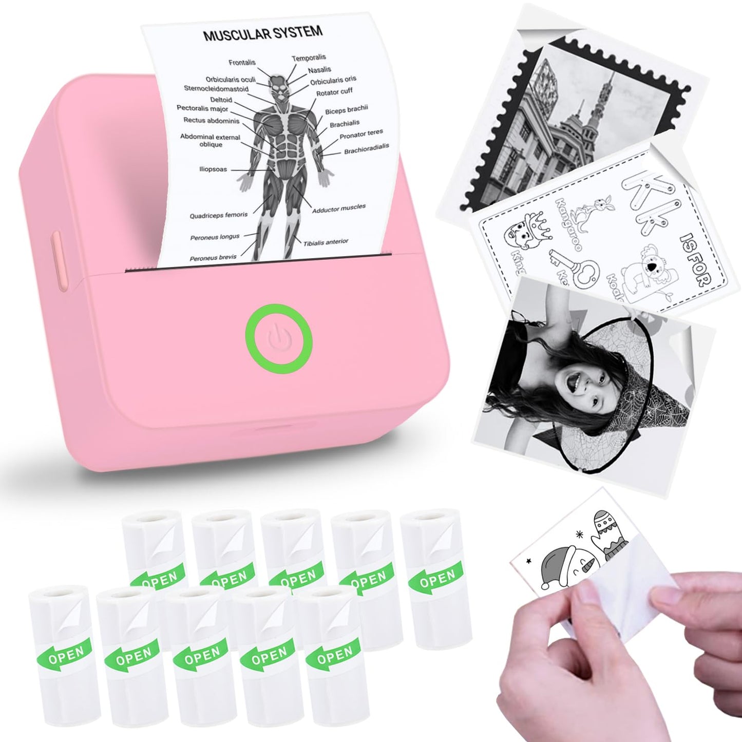 Vicbear Mini Sticker Printer Sticker Maker Machine Printer with 10 Sticker Paper Rolls Mini Printer Sticker Maker for Labels/Notes Inkless Thermal Portable Printer for Phone/Tablet Pink